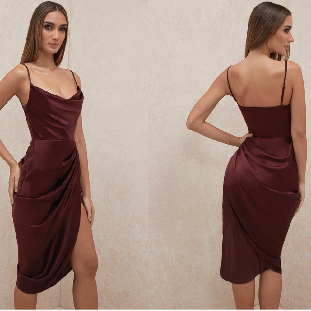 House of CB ‘Reva’ Raisin Satin Gathered Corset Dress Raisin NWOT - Picture 12 of 12